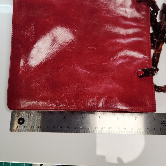 Vintage Prada Mini Tote Bag Shiny Deep Red Leather with Brown Lucite Handles - Picture 10 of 13